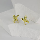 Iris Flower with Freshwater Pearl Silver Studs Earrings for Women